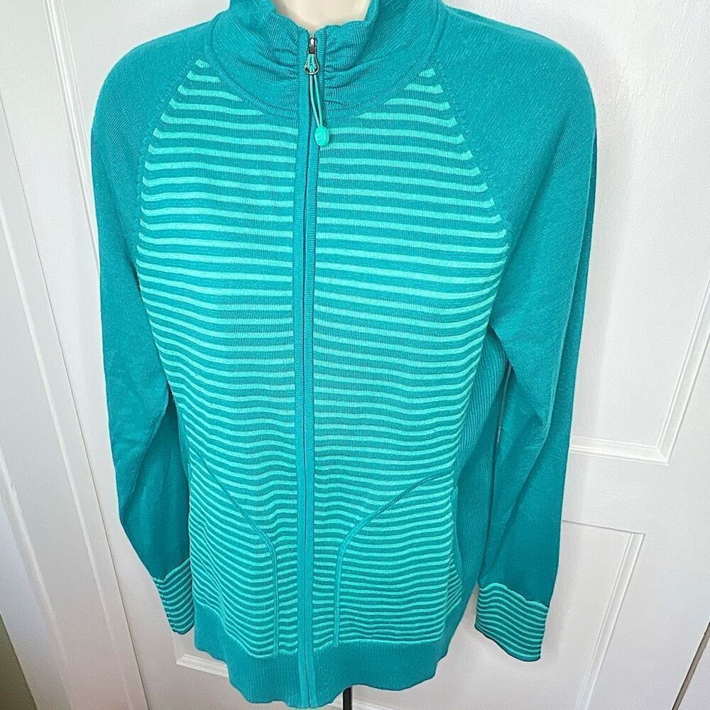 REI Women's Teal Coolmax Striped Full Zip Jacket Sweater Green Large